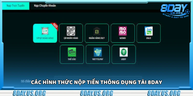 Một số hình thức nạp tiền thông dụng tại 8Day