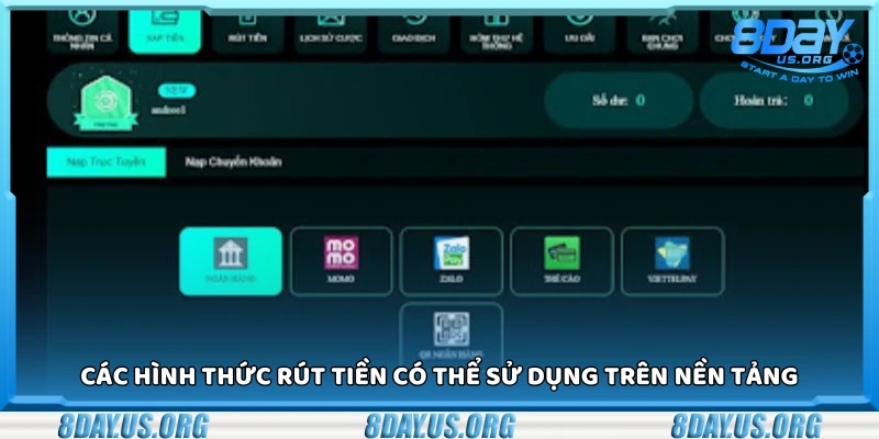 Các tùy chọn rút tiền đang hỗ trợ hiện nay